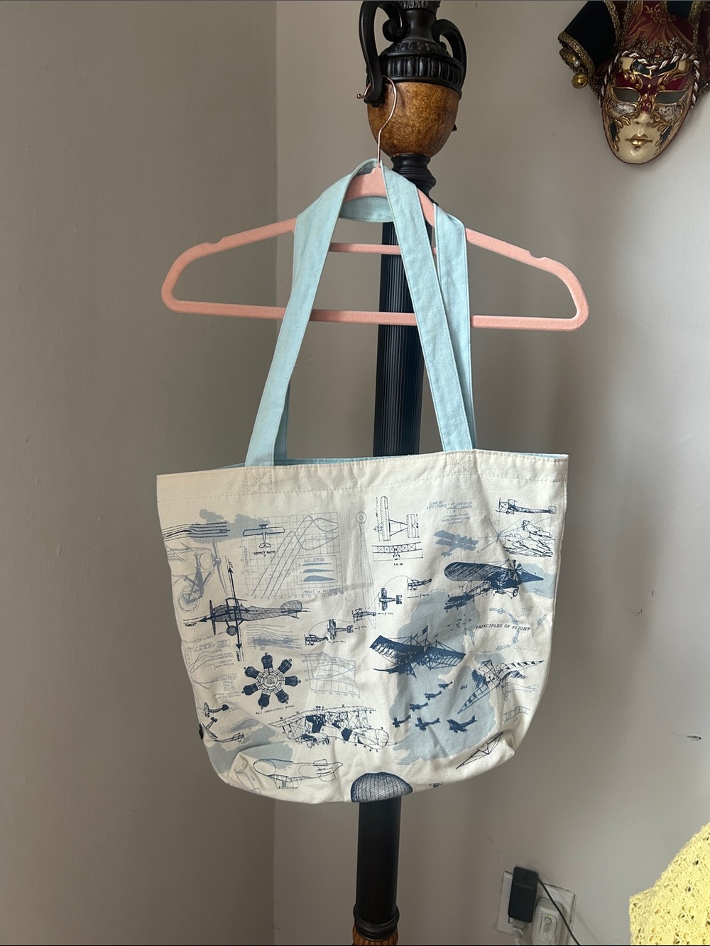Aviation Canvas Tote Bag in Cream and Light Blue